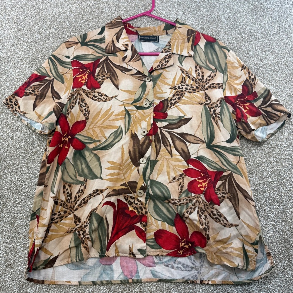Intriguing Threads Women Tan Red Tropical Floral Leopard Print Camp Shirt XL VTG